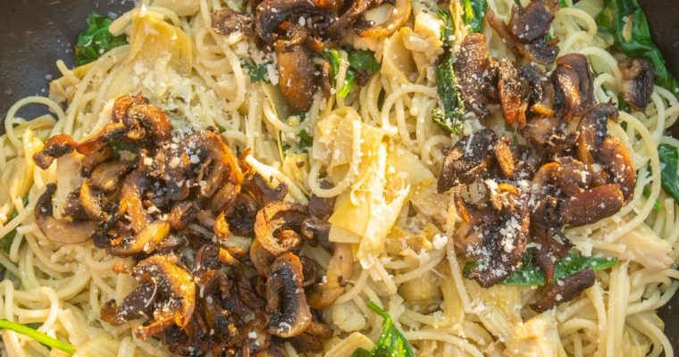 Spaghetti Luisi with Artichokes and Roasted Mushrooms