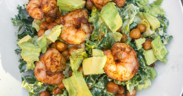 Kale Caesar Salad with Honey Spiced Shrimp and Chickpea Croutons